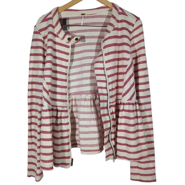 Free‎ People Striped Peplum Moto Jacket Womens M Pink White Zip Up - Image 3