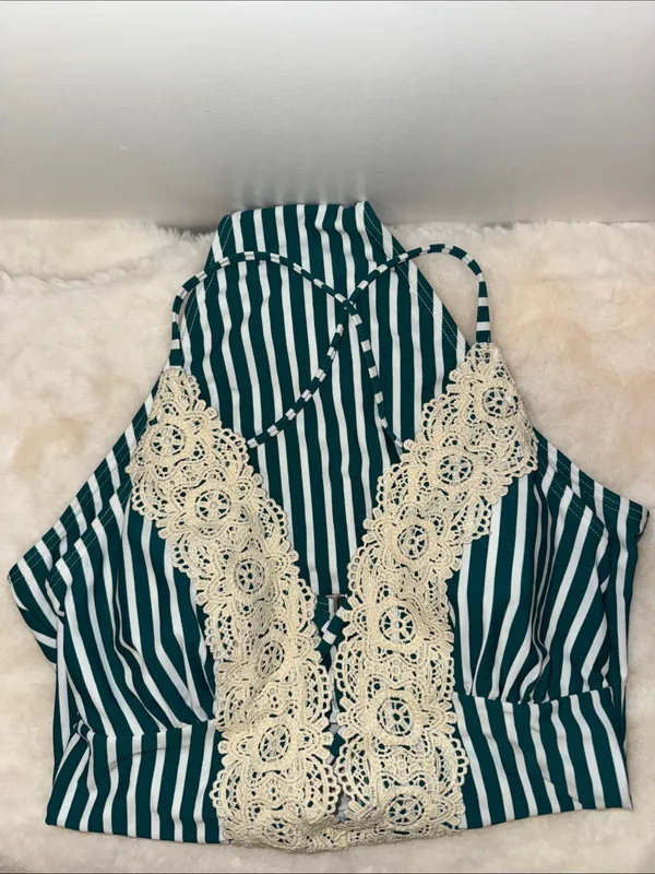 CUPSHE Striped One Piece Swimsuit w Boho Crochet Trim Women’s Large L - Image 4