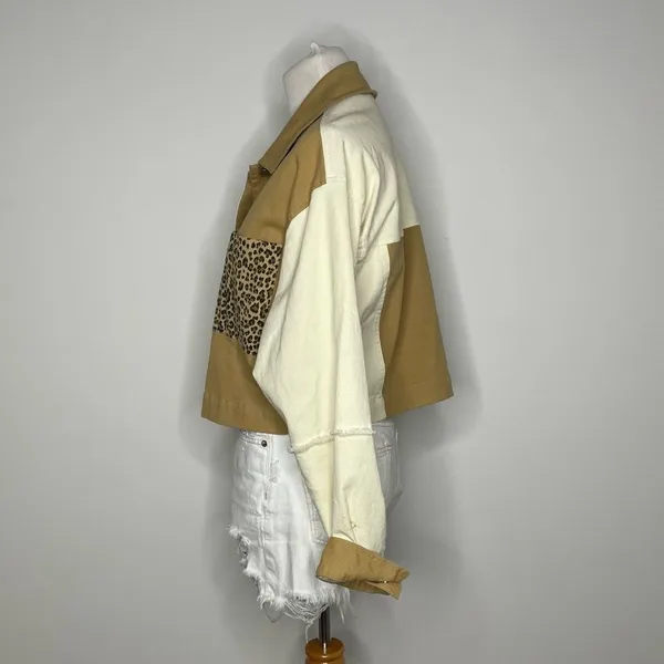 Baevely- Tan & White Cropped Jacket with Cheetah Print Pockets - Image 2