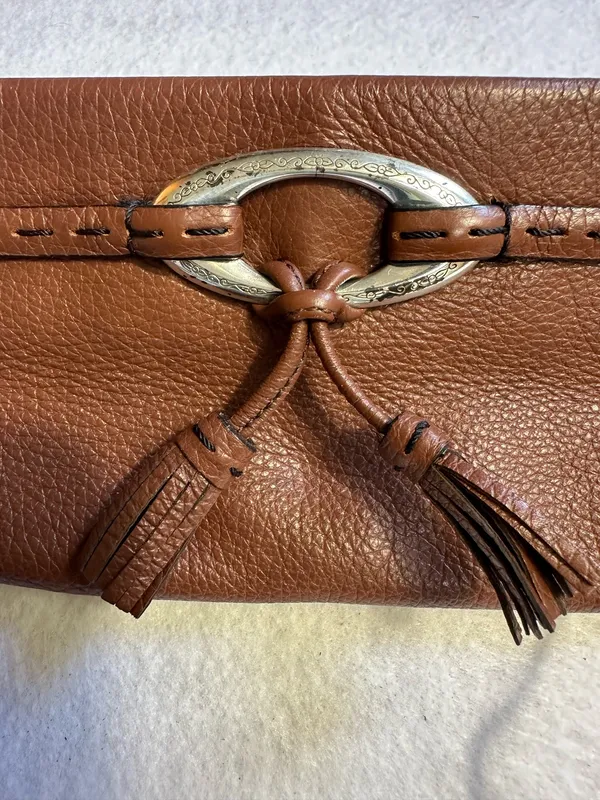 Brighton Leather Bag Shoulder Purse Tasseled Handbag Cross Pebbled Brown Vintage - Image 9