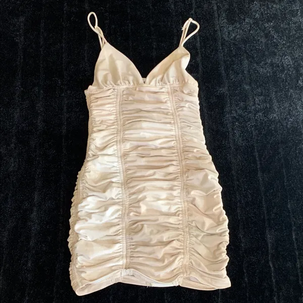 Women's Sky to Moon Cream Beige Bodycon Ruched Mini Dress Small - Image 9
