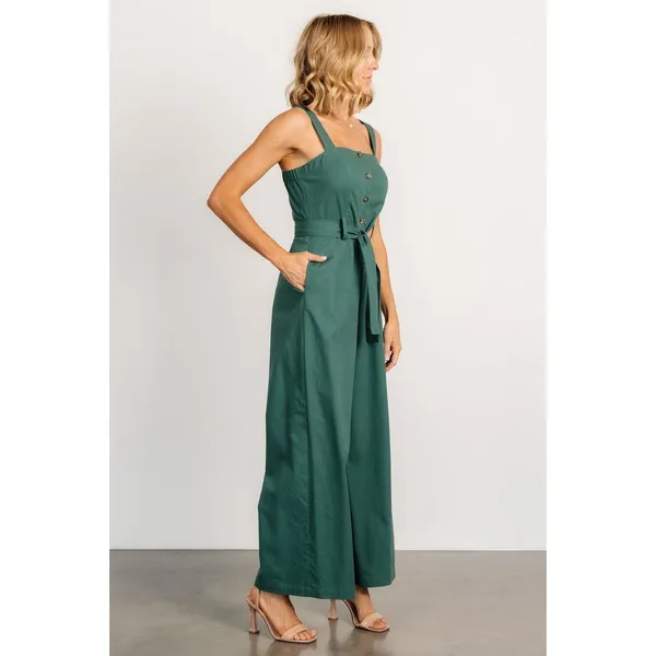 Baltic Born Hartford Linen Blend Wide Leg Button‎ Front Jumpsuit Green Medium - Image 2