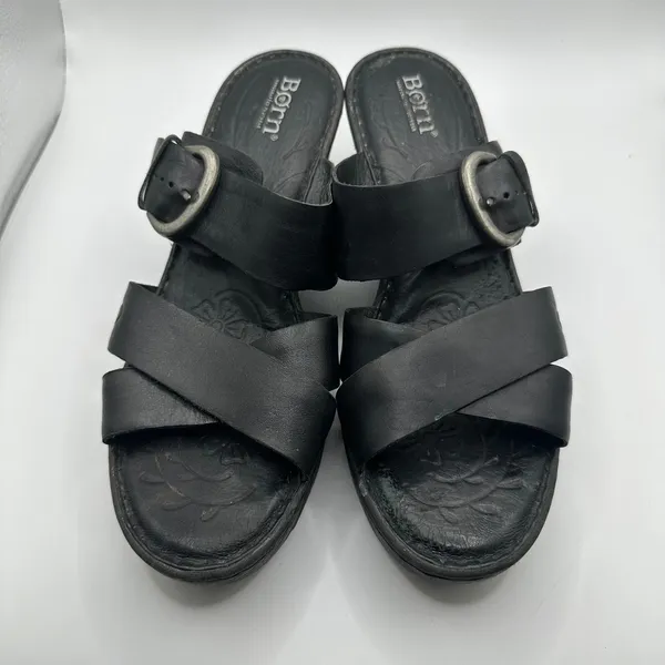 Born Black Leather Platform Slide Sandals Wedge Buckle strap Womens 9M - Image 3