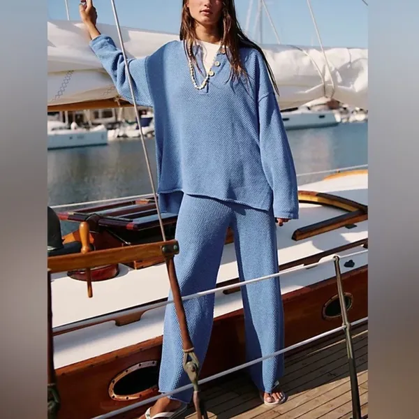 Free People Beach Hailee Wide Leg Pants Knit Women’s Size Small Periwinkle Blue - Image 3