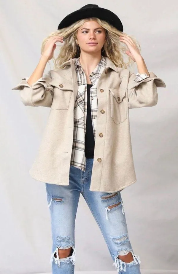 Love Tree Oatmeal Oversized Button Up Jacket - Image 3