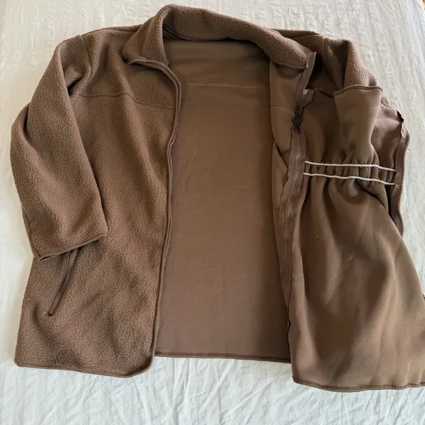 Women's Brown Fleece Style Zip Up Jacket with Zipout Infant Carrier Pocket Size - Image 4