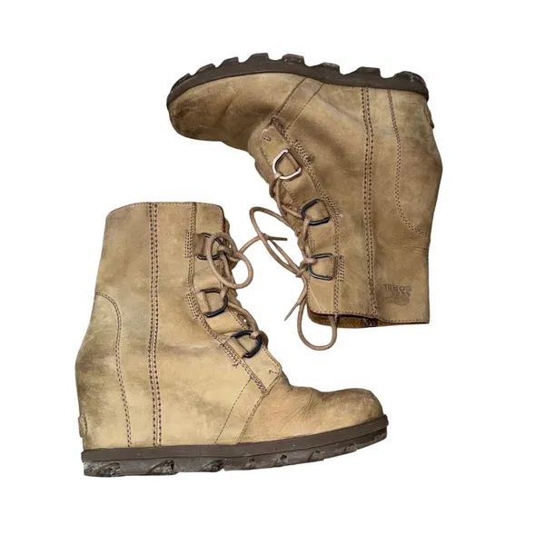 Sorel Joan of Arctic Wedge Boots Women 79 Tan Leather Good Lace Up NL1988-245 - Image 6