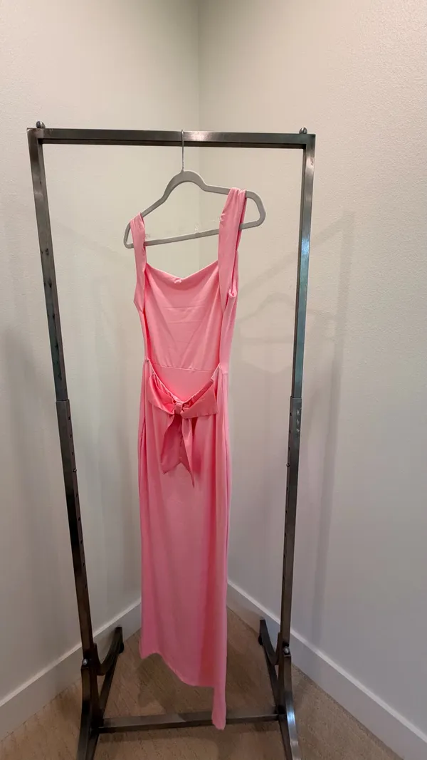 SHEIN Pink Solid Knit Sleeveless Cowl Neck Bow Strap Stretch Maxi Dress S - Image 4