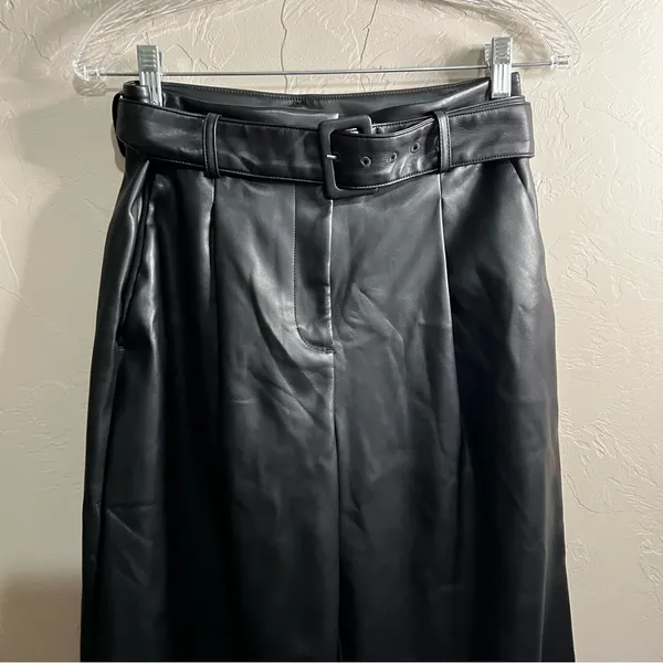 Loft Black Faux Leather High Rise Wide-Leg Belted Fleece Lined Trouser‎ Pants - Image 4