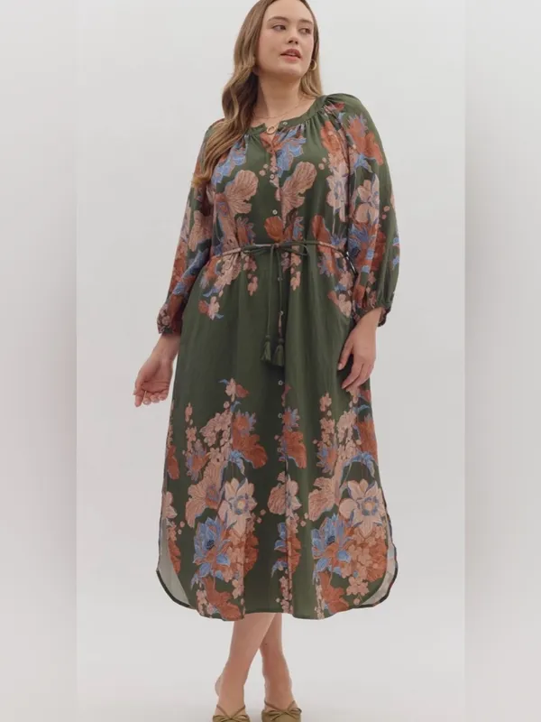 New!Entro Boutique Floral Tie-Waist Midi Dress in Olive Size 2X - Image 2