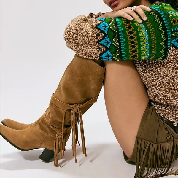 NWOB Free People Fast Lane Fringe Suede Boots - Sand Tan - Size 11 - Image 2