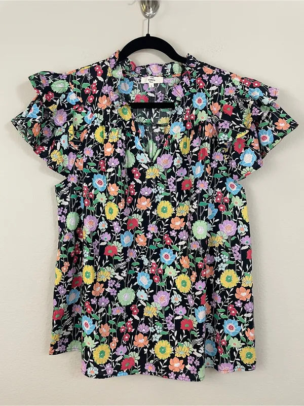 Entro Floral Ruffle Poplin V‎ Neck Blouse Size Large - Image 3