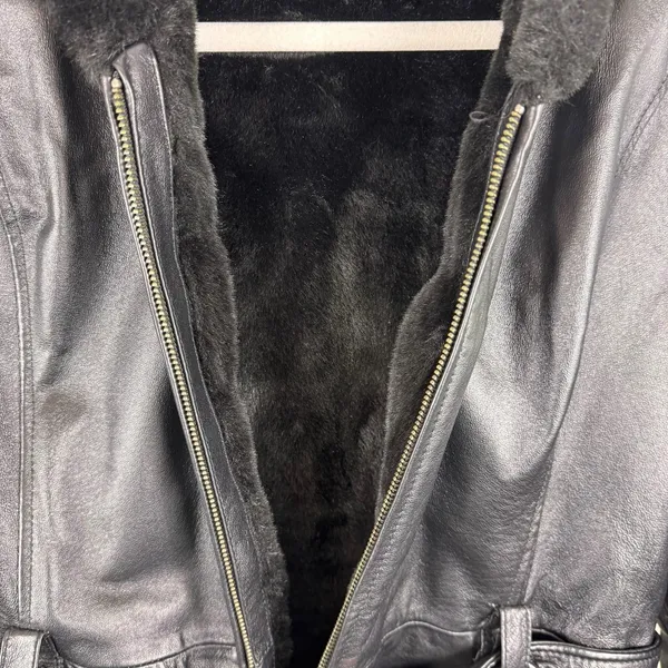 PELLE Black Genuine Leather Hooded Belted Faux Fur Lined Full Zip Jacket‎ Size L - Image 6