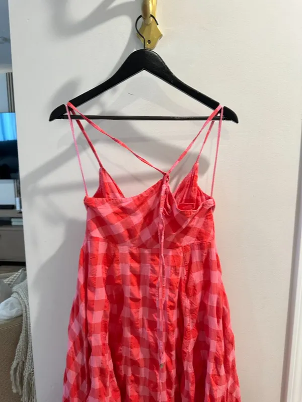 FREE PEOPLE Via Gingham Cotton Seersucker Sundress Red Combo Everly Small NWT - Image 9
