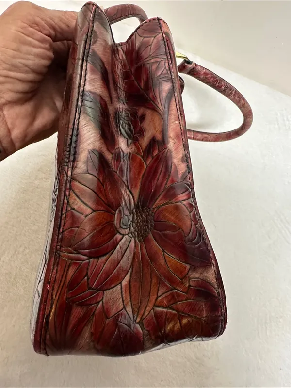 Rare vintage Embossed Brahmin Burgundy Floral Embossed Leather Satchel - Image 6