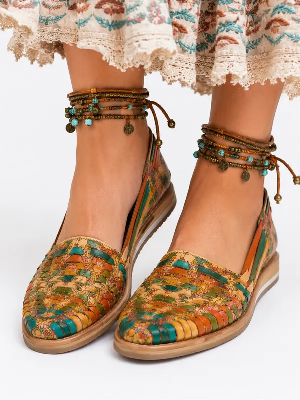 Indios by Impucalza Mexican Leather Floral Woven Huarache Boho Flats US 8 MX 25 - Image 10
