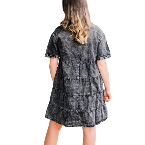 Charcoal Gray Black Acid Wash Button-down Short-sleeve Babydoll Dress W-672 Sz S - Image 2