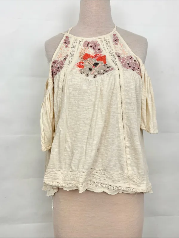 Free People Fast Times Cold Shoulder Top XS xsmall (Neutral) embroidered beaded - Image 2