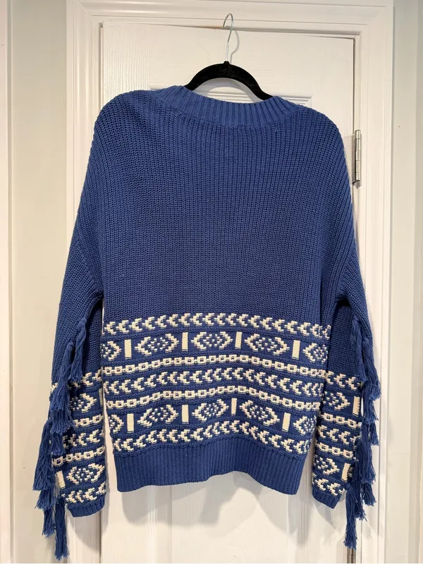 NWT FRYE Size M Blue Cream Fair Isle Fringe Cotton Button Cardigan Sweater Boho - Image 8