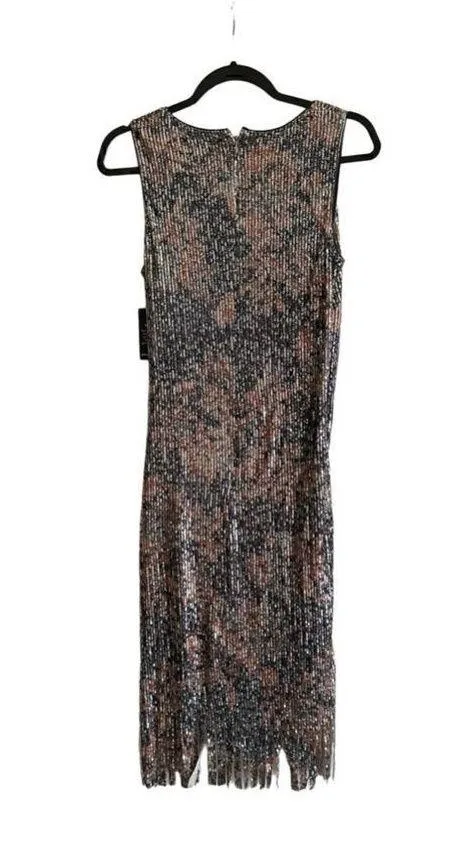 NTW Boston Proper Sequin V Neck Faux Wrap Knee Length Frimge Dress SIZE 6 - Image 2