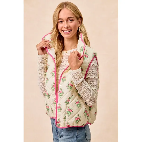 BiBi Floral Print Piping Detail Quilted Vest - Cream/Pink - Large - Image 7