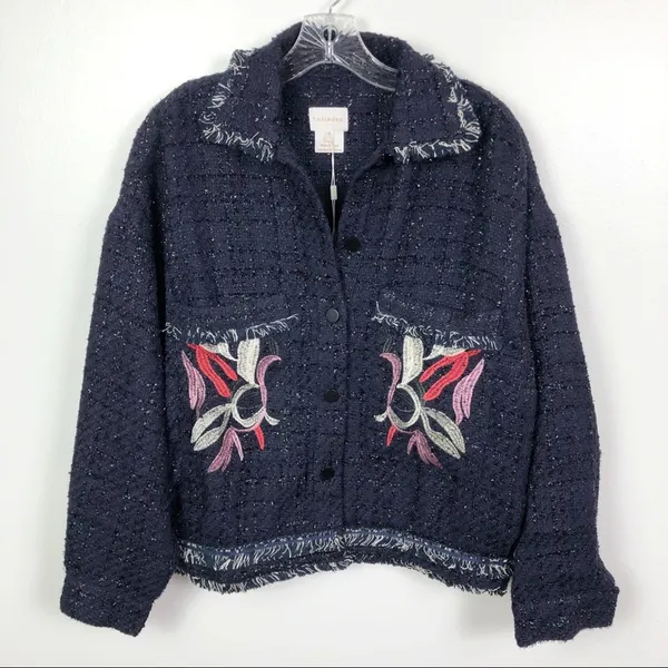 Foxiedox Floral Embroidered Fringe Tweed Jacket Dark Blue Women's Size Medium - Image 3