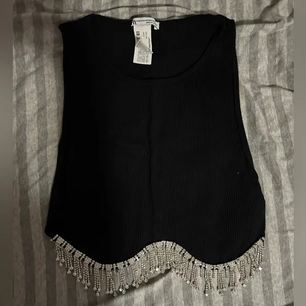 Zara Black Crop Top with Silver Beaded Fringe - Image 3