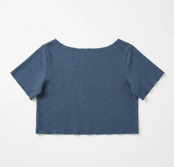 🖼️ SHEIN Dusty Blue V-Neck Cropped Waffle Knit Relaxed Fit Tee - Image 3