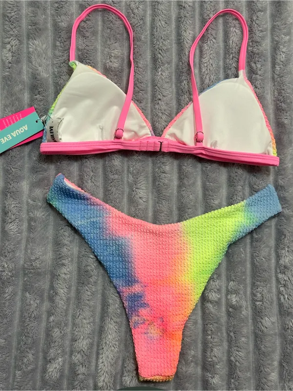 AQUA Eve Tie-Dye Bikini Set — Rainbow Textured — Size Small - Image 4
