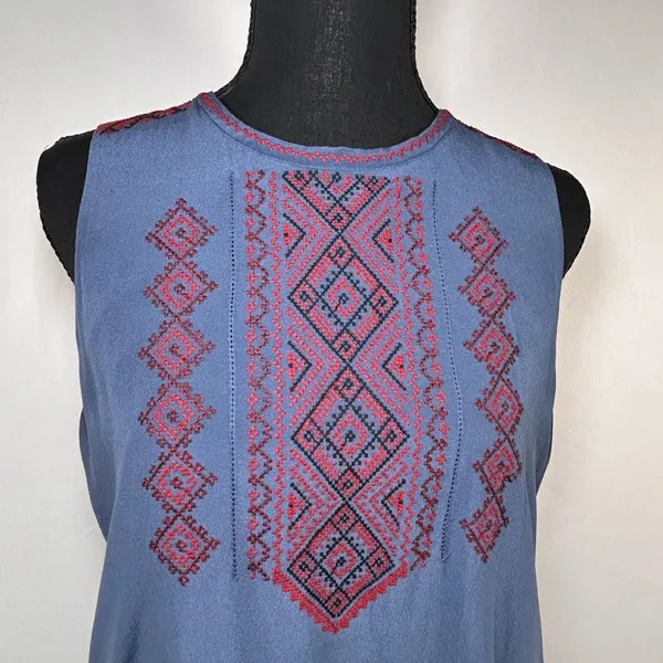 Madewell‎ 100% Silk Boho Geometric Embroidered Shift Dress Blue Red Size L - Image 4