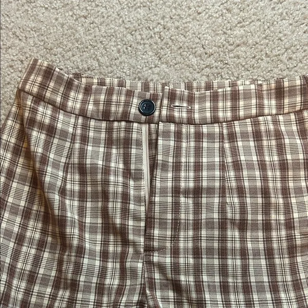 SHEIN Women’s Plaid Chino Pants Brown Cream Straight Leg Trousers - Image 2