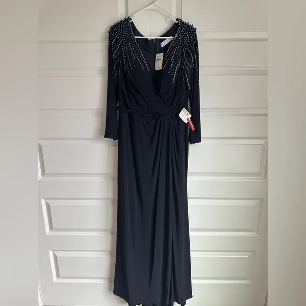 Leena Mac Duggal Long Sleeve Jersey Wrap Gown‎ Dress Embellished V Neck Midnight - Image 4