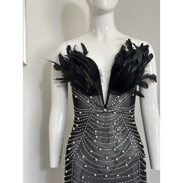 Beaded Pearl Sheer Feather Bust Dress Size Small Stretchy Bodycon Night Out - Image 3