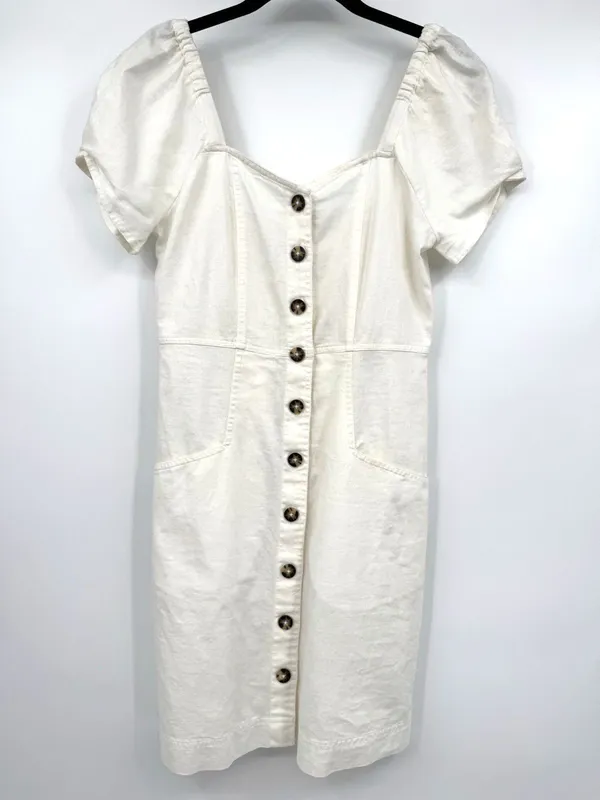 MADEWELL Linen-Cotton Puff-Sleeve Summer A-line Dress Sz 2 White Summer Retro - Image 3