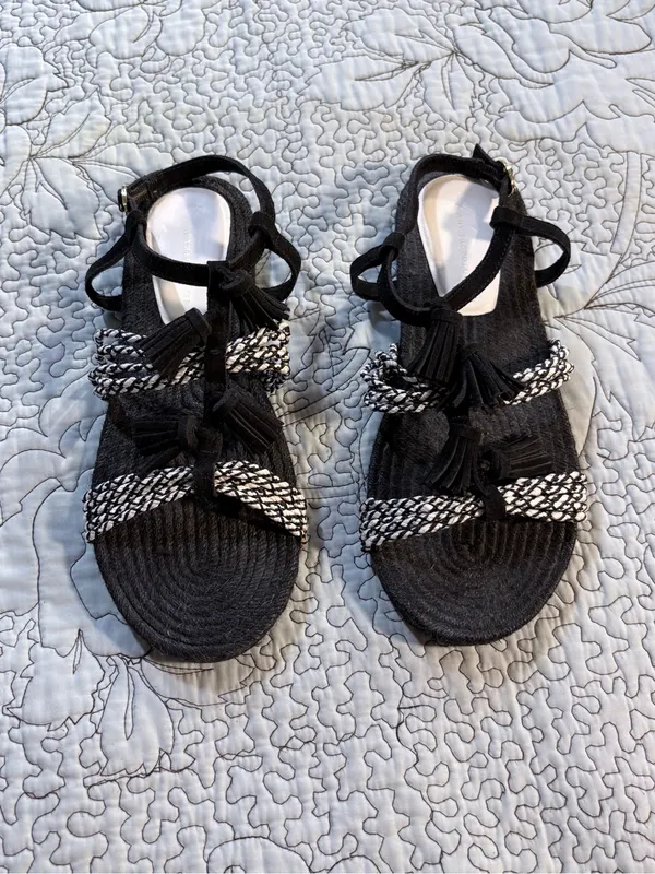 Anthropologie Fringed Rope Tassel Sandals Black White Woven Boho Sandals Sz 8💛 - Image 2