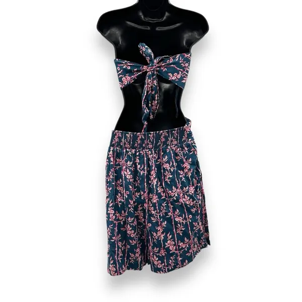 Free People Poolside Navy Blue & Pink Floral 3 Piece Set Sz‎ L - Image 9
