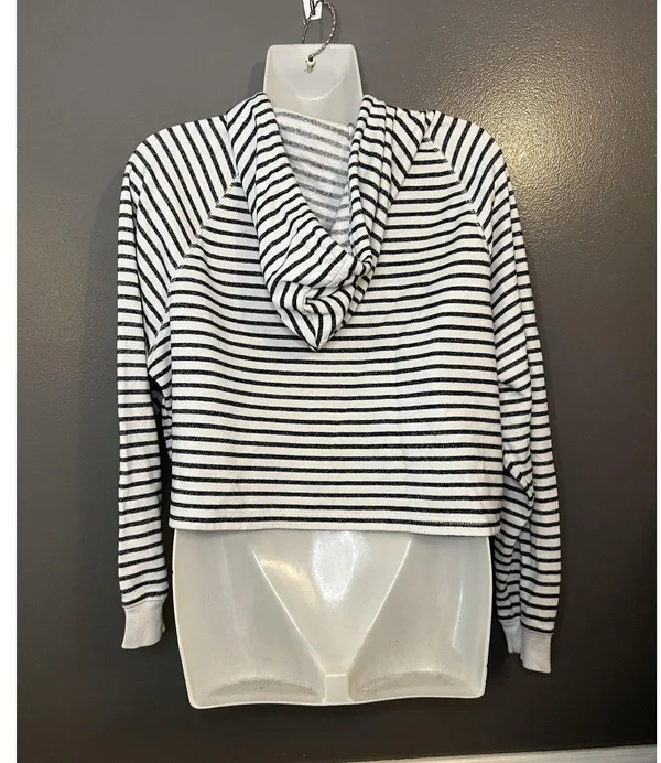 H&M Divided Hoodie Womens Medium Black White Striped Cropped Pullover Raglan - Image 4