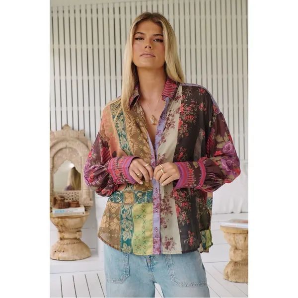 Free People Bohemian Patchwork Flower Patch Top Berry Combo Oversized Small Fall - Image 15