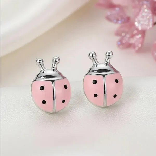 Pink and Silver Ladybug Earrings - Image 3