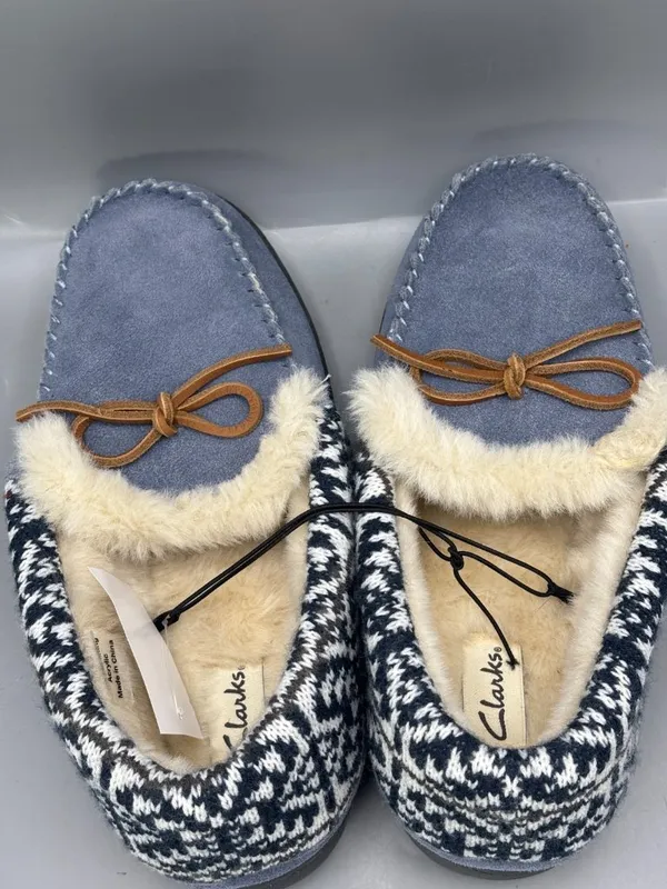 Clarks Moccasin Slippers Women 11 Blue Leather Faux Fur Lining Bow Detail LB0850 - Image 3