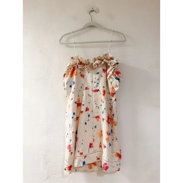 Saylor Darla Floral Off Shoulder Linen Mini Dress in Cream Medium - Image 3