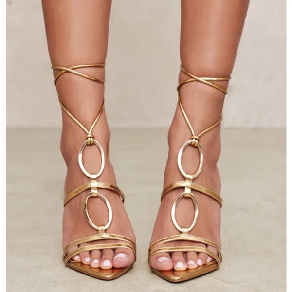 PrettyLittleThing RIng Detail Lace Up Strappy Pointed Toe Heels Size US 10 Gold - Image 7