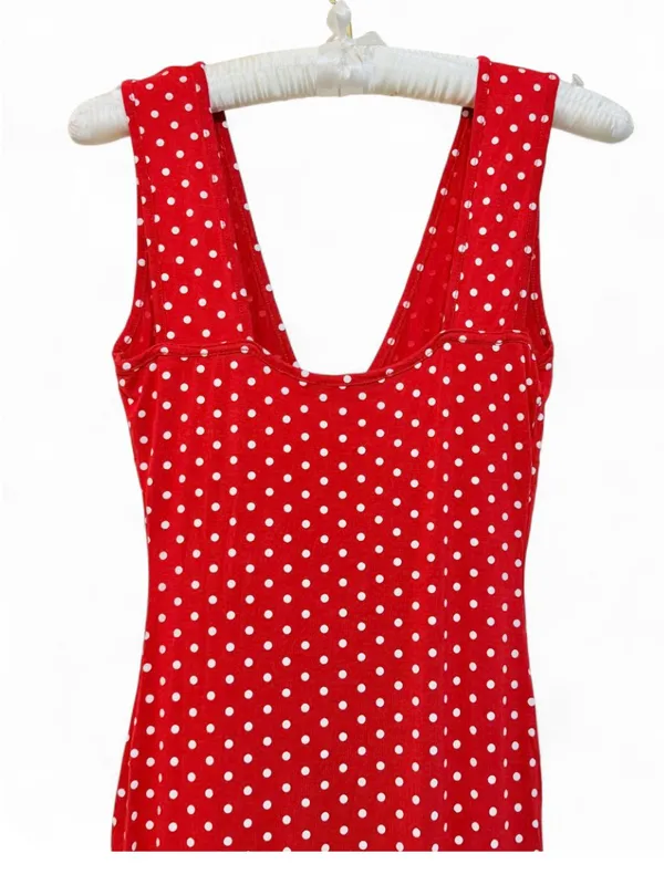 Missguided Women’s Red Sleeveless V-Neck Polka Dot Deep Plunge Slit Maxi Dress 4 - Image 9