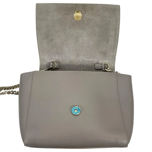 Furla Ginevra Leather Mini Crossbody Bag Sabbia Beige Gray Gold Chain - Image 10