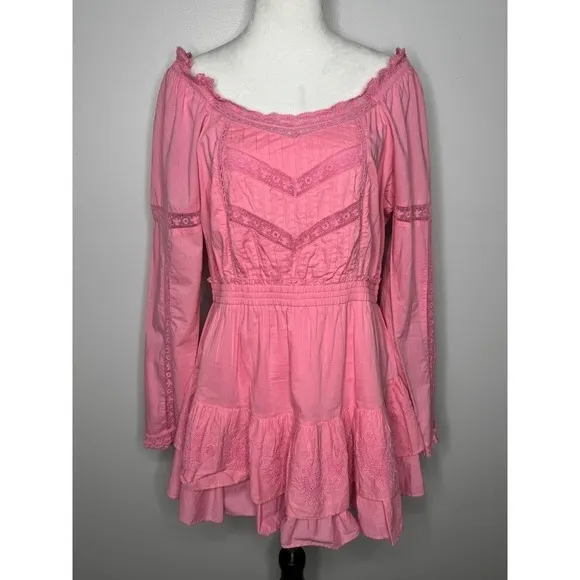 LoveShackFancy Sanaya Dress XL Vivid Pink‎ Long Sleeve Ruffle Tiered Lace Trim - Image 6