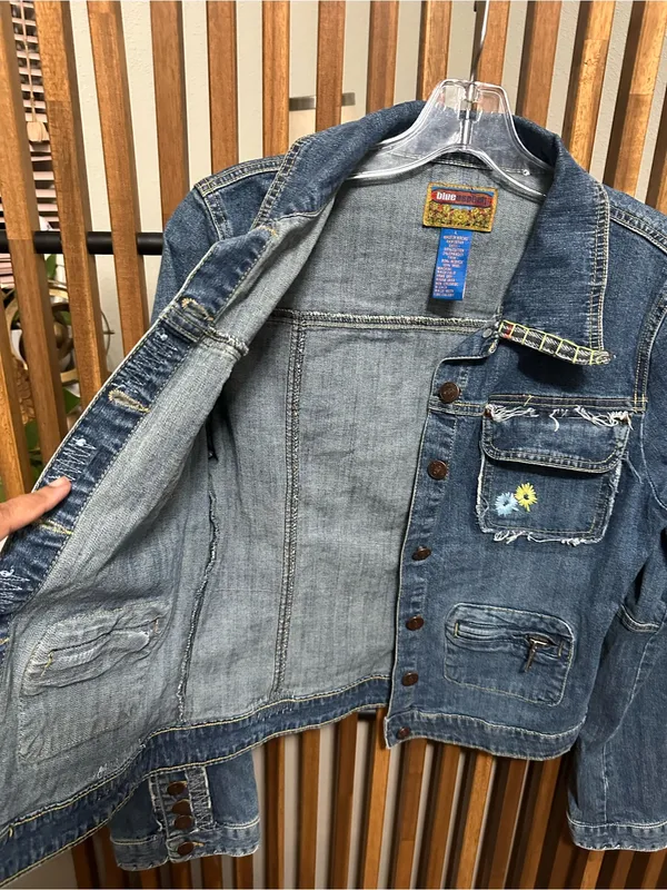 Blue Asphalt Vintage Denim Jacket Large Embroidered Flower Plaid Trim Y2K Cut - Image 7
