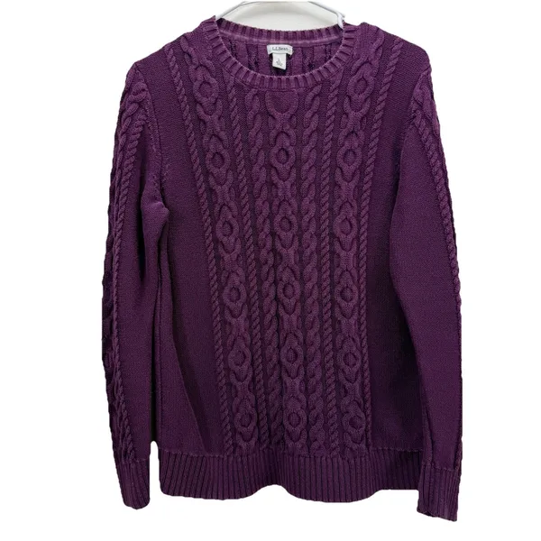 LL Bean Purple‎ Double L Mixed Cable Crew Neck Pullover Cotton Sweater LARGE Purple - Image 3
