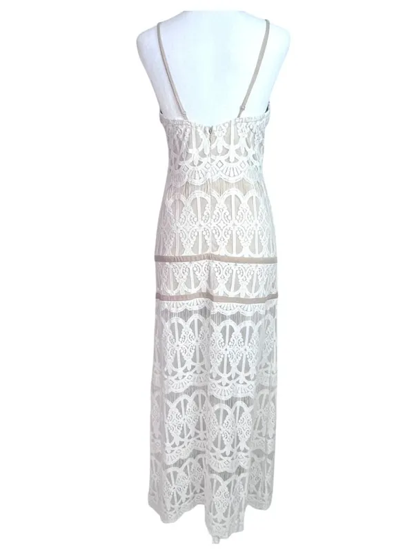 Ecru Split Front Lace Maxi Dress M Cage Spaghetti Straps Prom Beach Wedding - Image 10