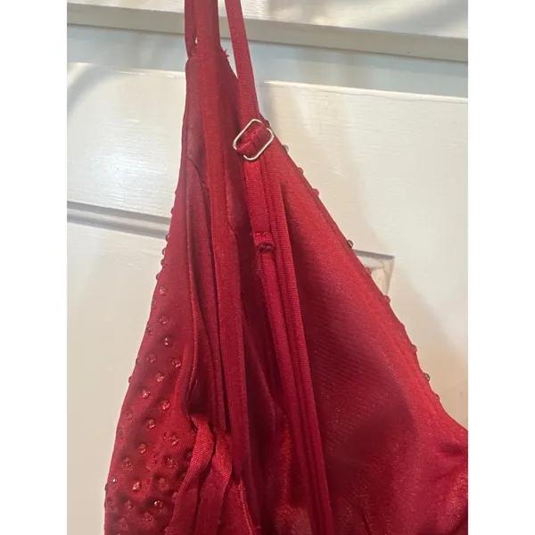 Ruby Red Rhinestone Ruched Prom Dress High Slit Formal Evening Gown Size 8 - Image 7