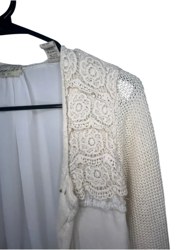 Gimmicks By BKE Cream Crochet Lace Chiffon Open Knit Boho Open Front Cardigan - Image 2